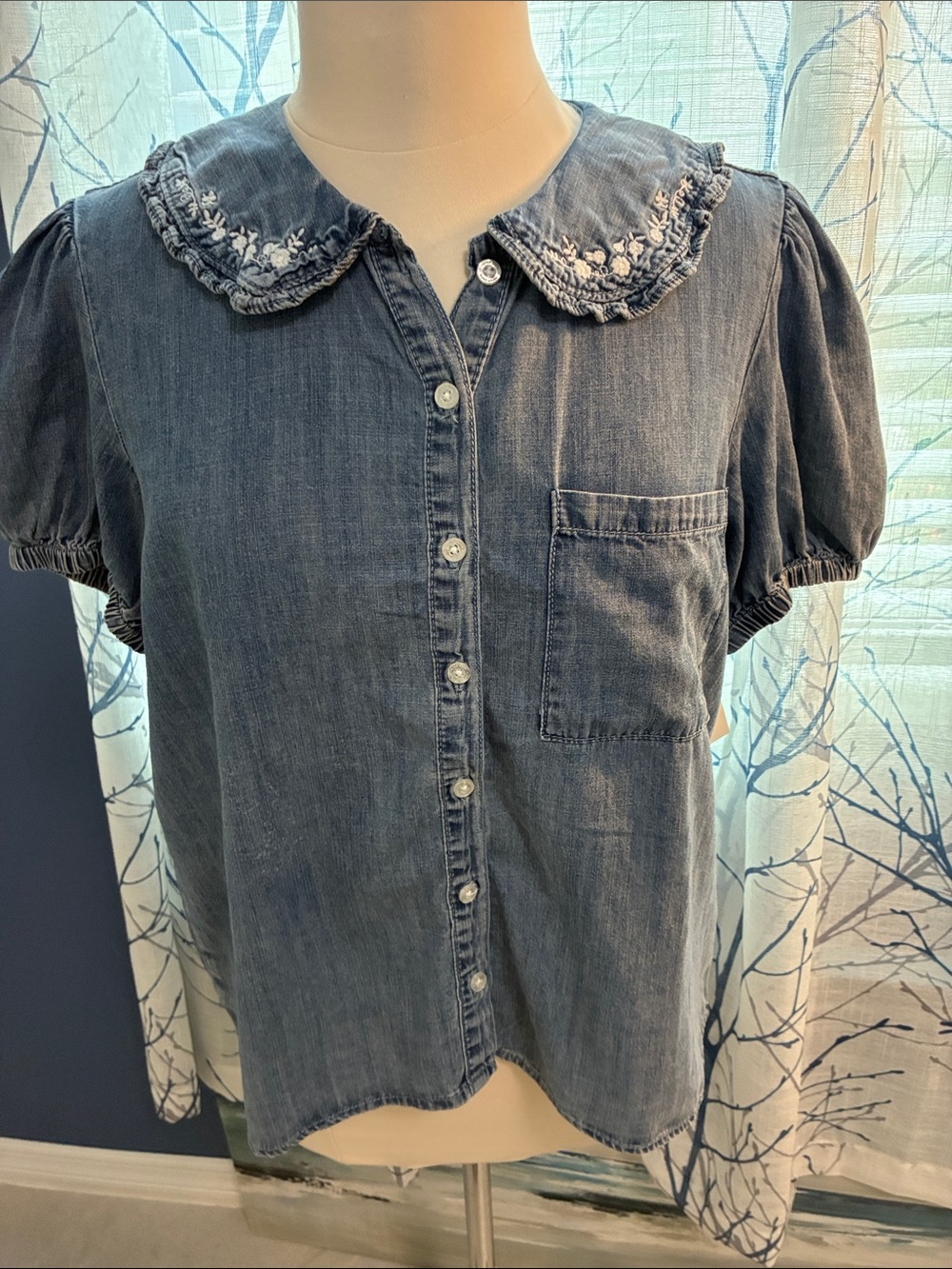 Kensie denim Embroidered Peter Pan Collar Blouse - Blue